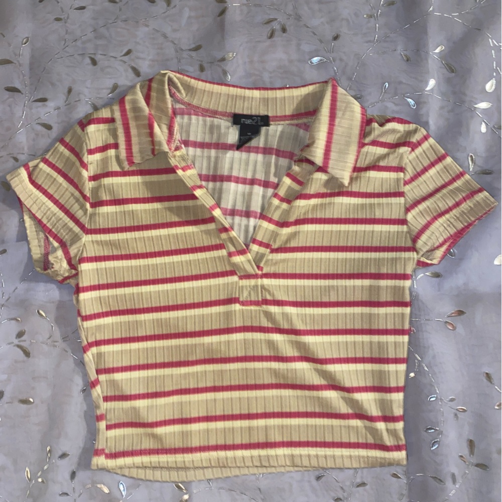 Rue21 yellow and pink striped cropped tee